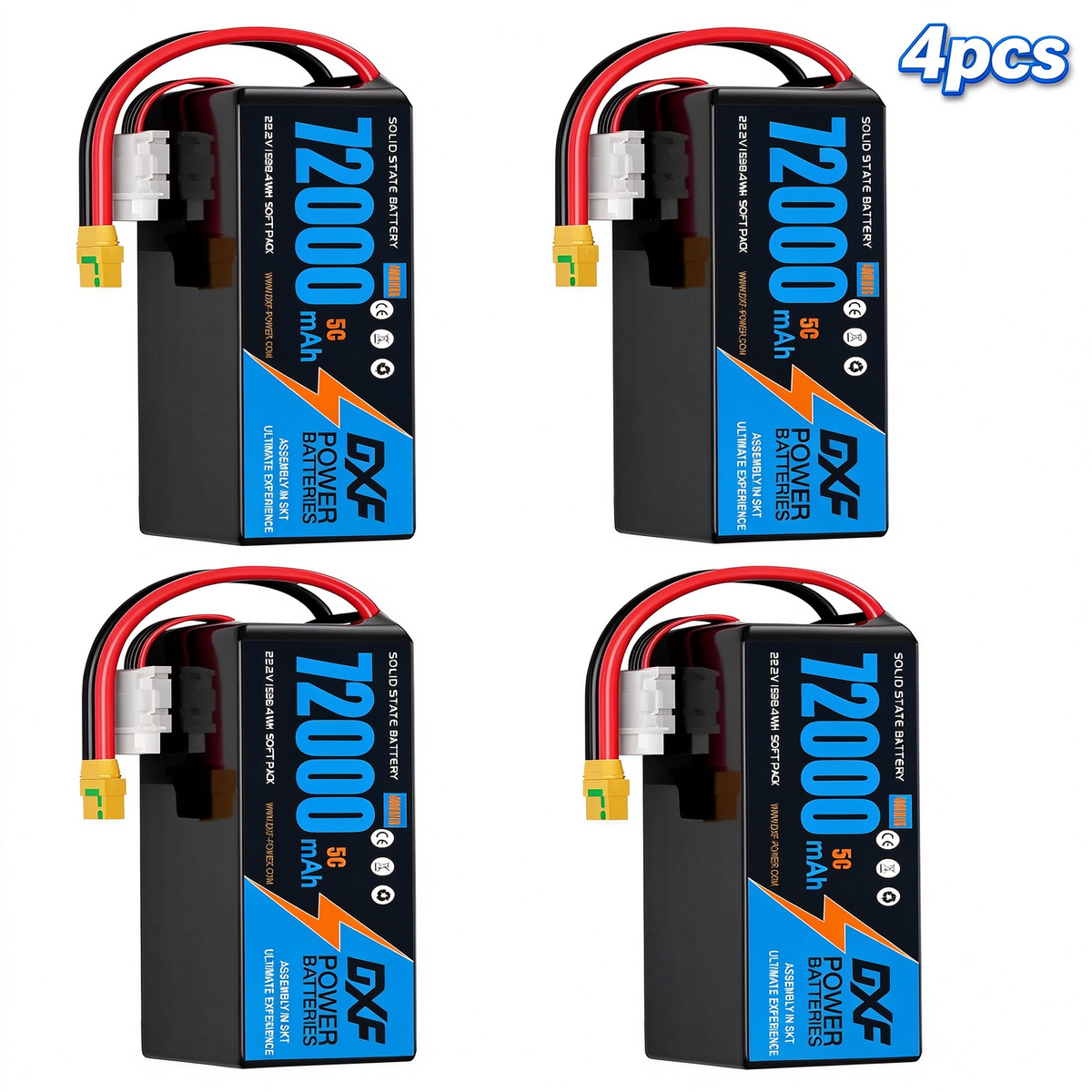 DXF 6S 22.2V 72000mAh 5C Soft Case LiPo Battery with 8AWG Wire for Toy Cars, Boats, UAVs & Drones (1-6 Pack)