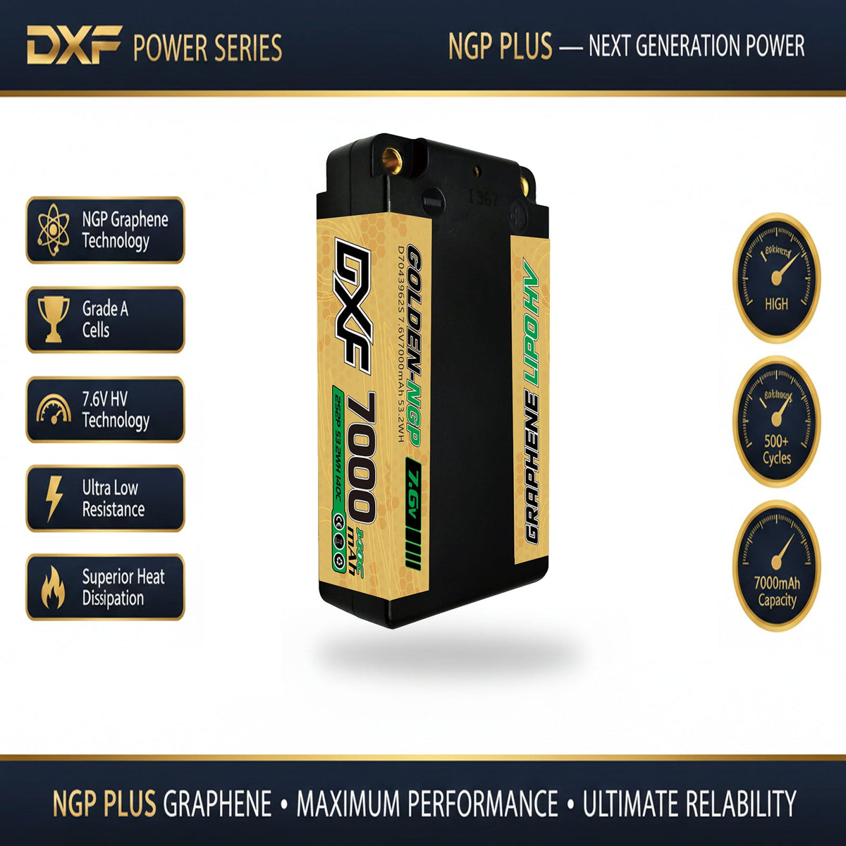 DXF LiPo Battery 2S2P HV 7.6V 7000mAh 140C Graphene NGP Plus Gold Version with 5mm Bullet / EC5 / T / TRX / XT60 / XT90 / XT150 / Q8s Plug for RC 1/10 1/8 Scale Car Racing