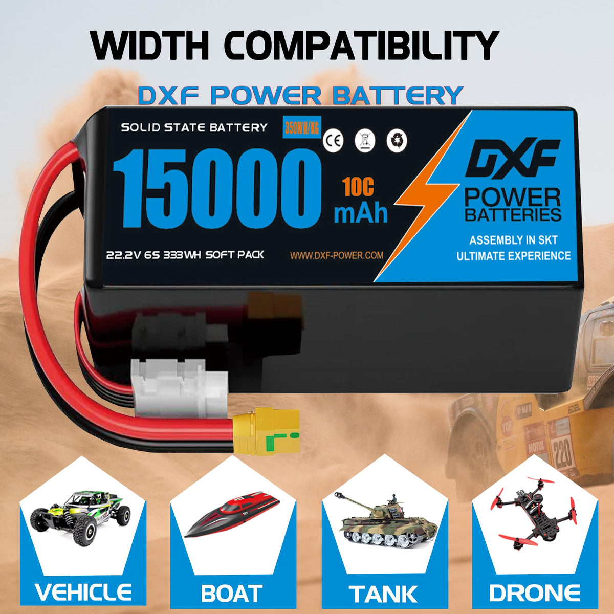 DXF SEMI-SOLID 12S 44.4V 15000mAh 10C Soft Case LiPo Battery with 8AWG Wire for UAVs & Drones (1-6 Pack)