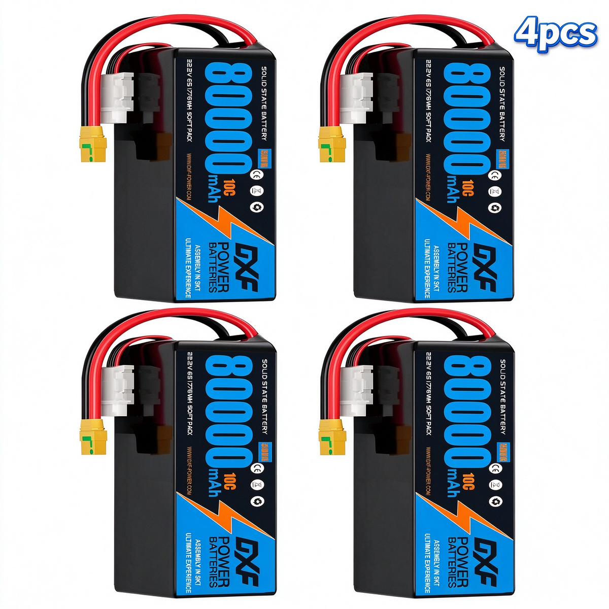 DXF SEMI-SOLID 6S 22.2V 80000mAh 10C Soft Case LiPo Battery with 8AWG Wire for Toy Cars, Boats, UAVs & Drones (1-6 Pack)