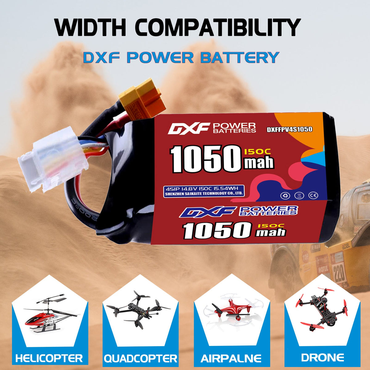 DXF 4S 14.8V 1050mAh 150C LiPo Battery for FPV Micro Drones (PH2.0 / JST / XT30 / SM / XT60 / EC5 / XT90 Options)