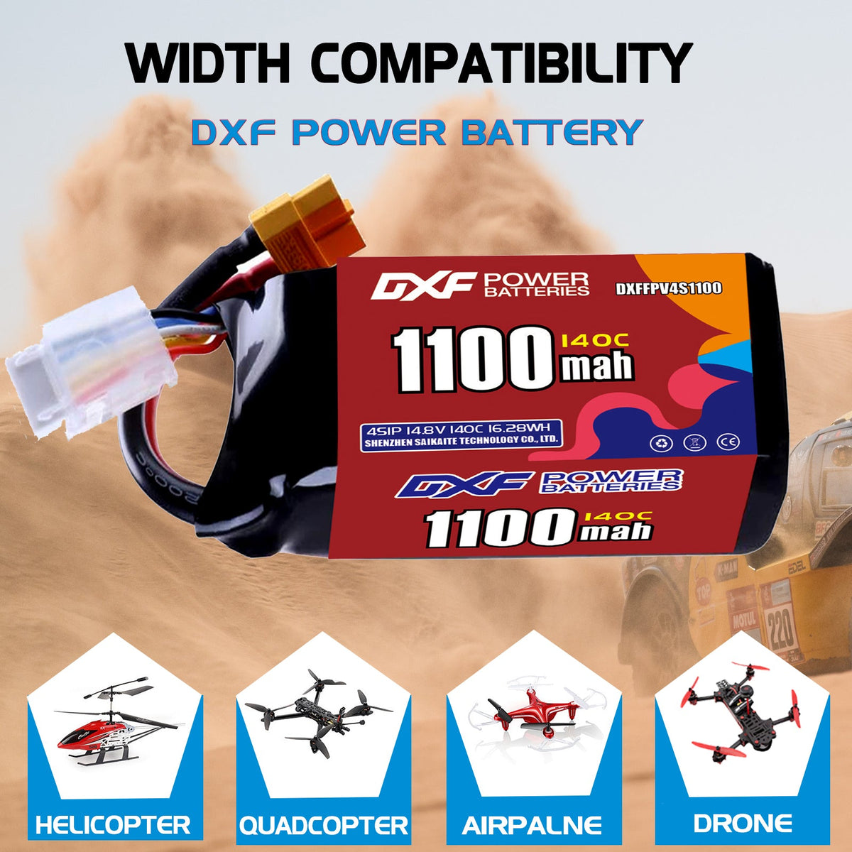 DXF 4S 14.8V 1100mAh 140C LiPo Battery for FPV Micro Drones (PH2.0 / JST / XT30 / SM / XT60 / EC5 / XT90 Options)