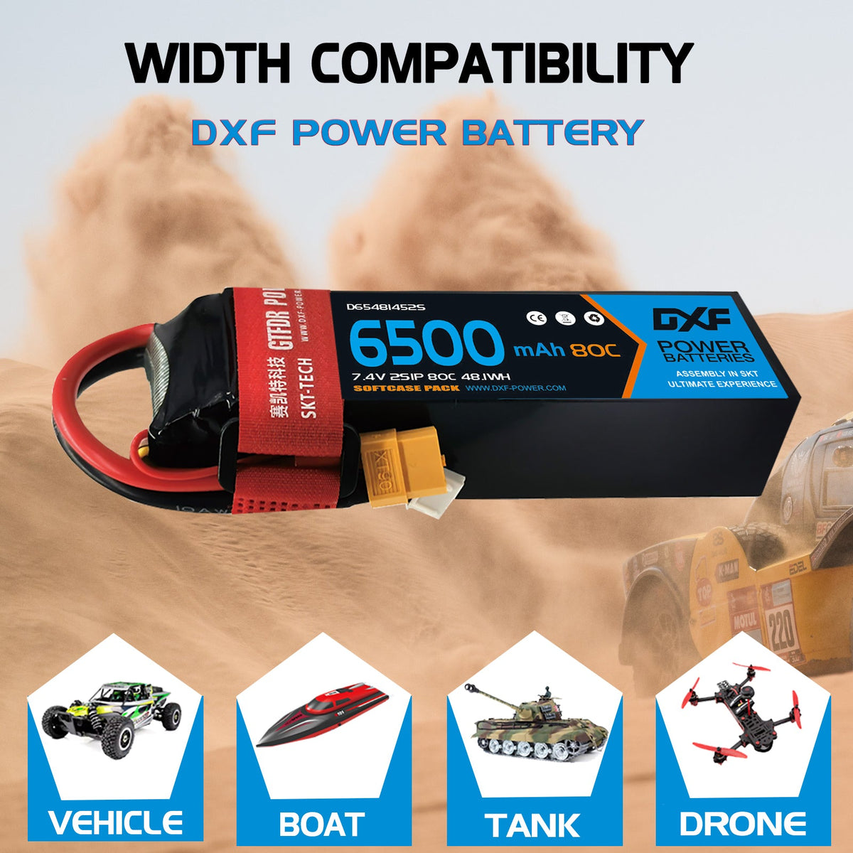 DXF Lipo Battery 2S 7.4V 6500mAh 80C Graphene Softcase with EC5 / T / TRX / XT60 / XT90 / XT150 / Q8s Plug for RC 1/8 1/10 Buggy Truck Car Off-Road Drone