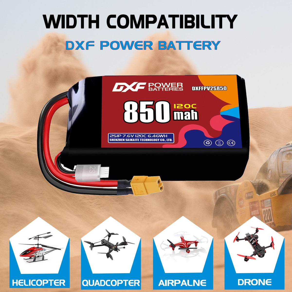 DXF 2S 7.6V 850mAh 120C LiPo Battery for FPV Micro Drones (PH2.0 / JST / XT30 / SM / XT60 / EC5 / XT90 Options)