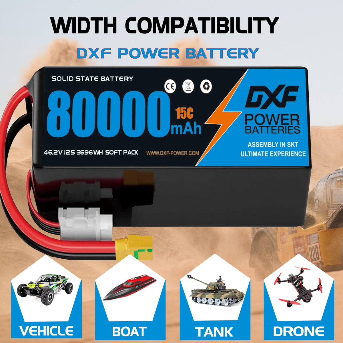 DXF SEMI-SOLID 12S 46.2V 80000mAh 15C Soft Case LiPo Battery with 8AWG Wire for Toy Cars, Boats, UAVs & Drones (1-6 Pack)