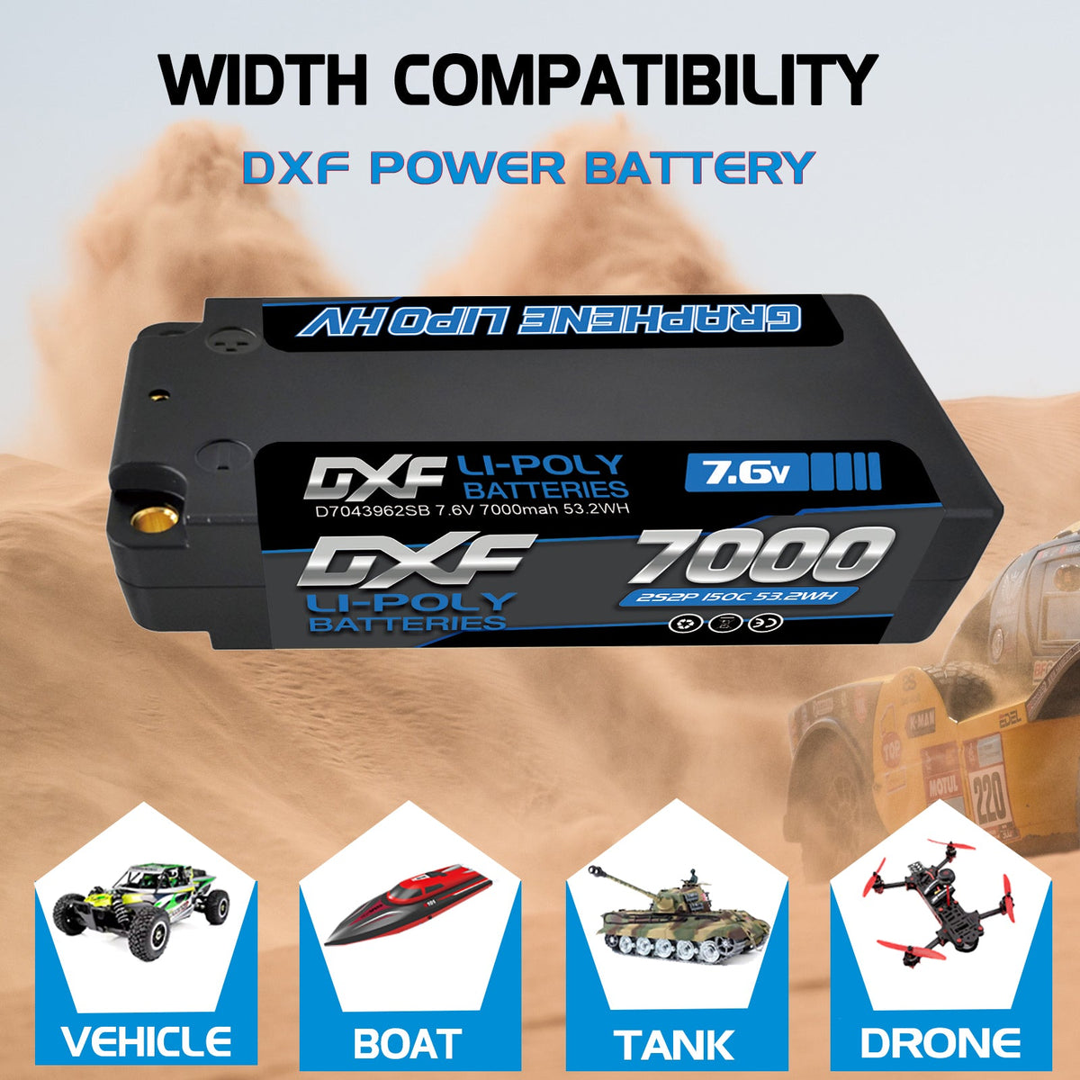 DXF LiPo Battery 2S2P HV 7.6V 7000mAh 150C Graphene Gray with 5mm Bullet / EC5 / T / TRX / XT60 / XT90 / XT150 / Q8s Plug for RC 1/10 1/8 1/5 Scale Car Racing