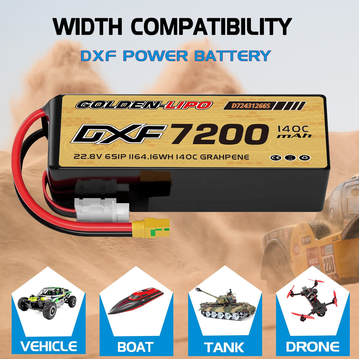 DXF Lipo Battery 6S HV 22.8V 7200mAh 140C GoldSeries Graphene Softcase with EC5 / T / TRX / XT60 / XT90 / XT150 / Q8s Plug for RC 1/8 1/10 Buggy Truck Car Off-Road Drone