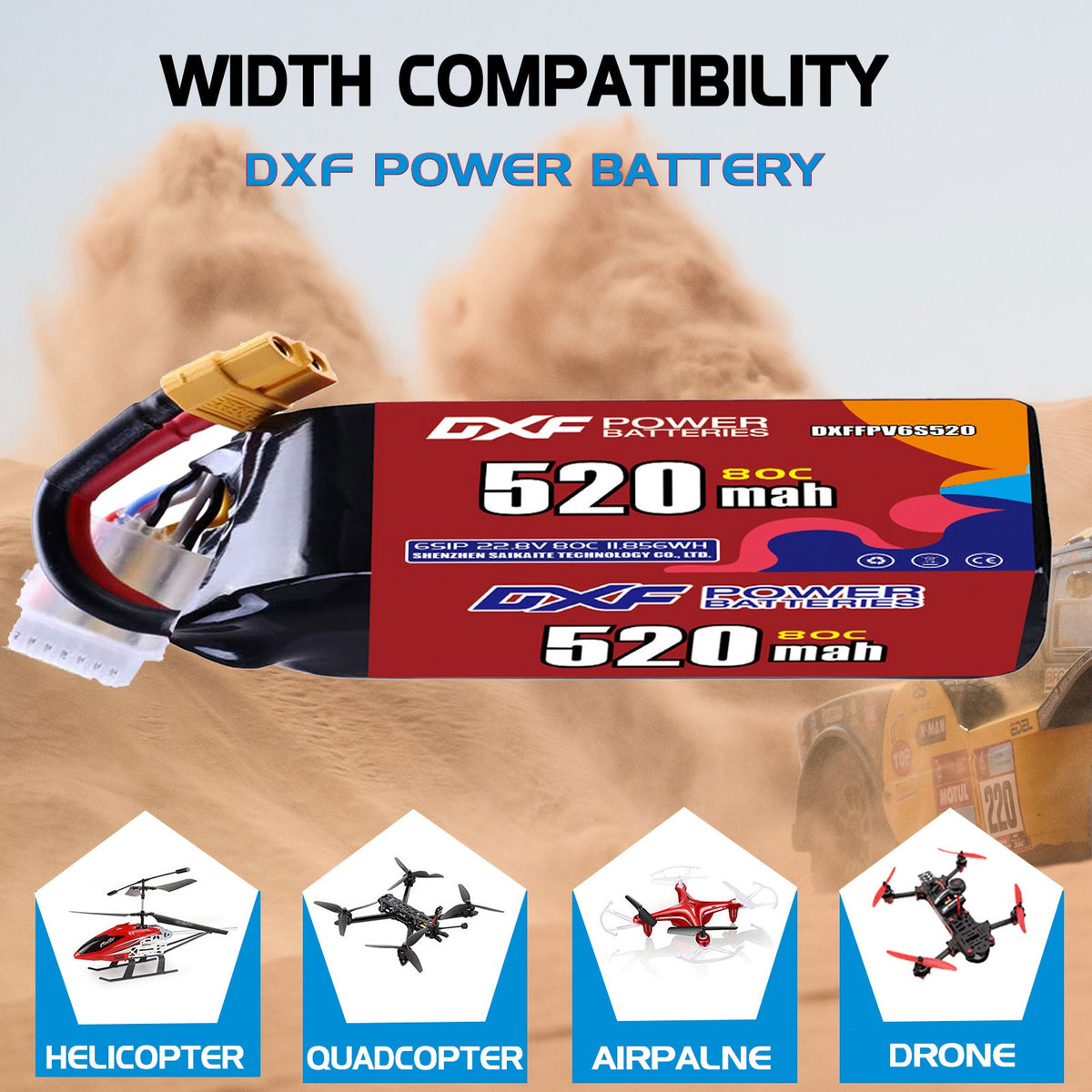 DXF LiPo Battery 6S HV 22.8V 520mAh 80C with PH2.0 / JST / XT30 / SM / XT60 / EC5 / XT90 for FPV Drone Whoop Micro Racing