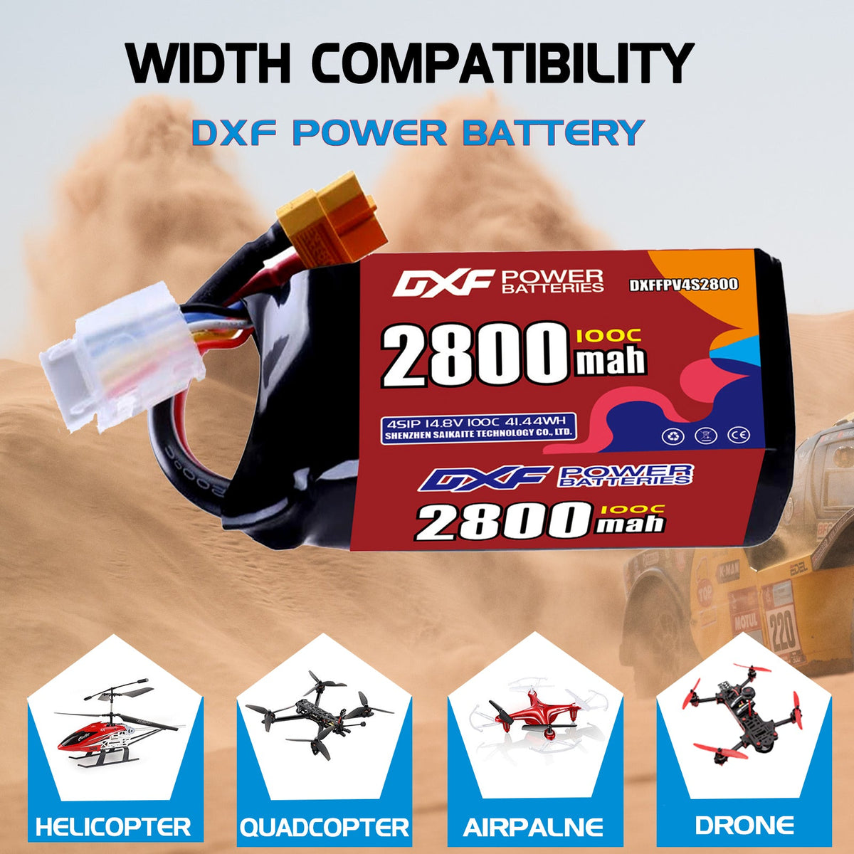 DXF 4S 14.8V 2800mAh 100C LiPo Battery for FPV Micro Drones (PH2.0 / JST / XT30 / SM / XT60 / EC5 / XT90 Options)