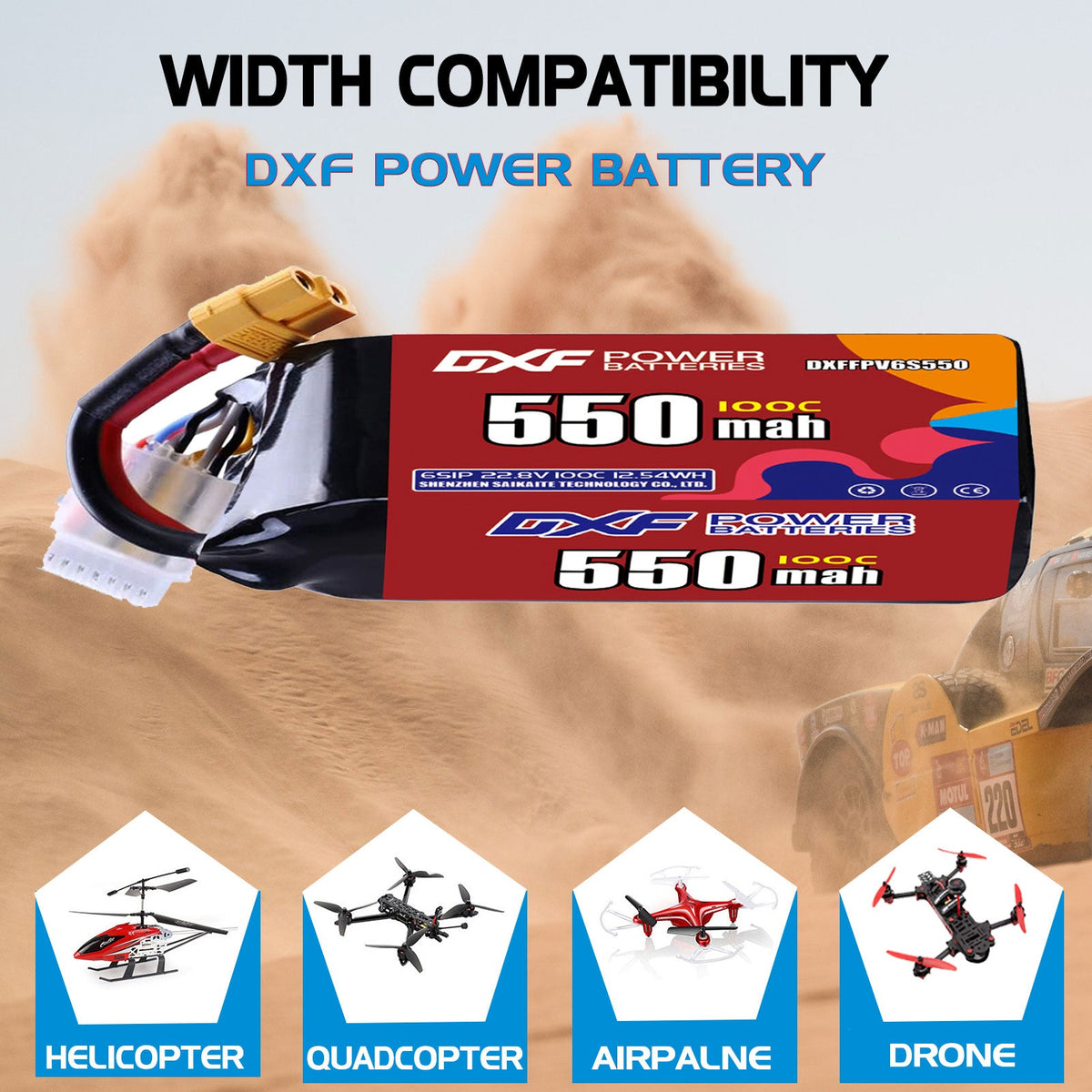DXF 6S 22.8V 550mAh 100C LiPo Battery for FPV Micro Drones (PH2.0 / JST / XT30 / SM / XT60 / EC5 / XT90 Options)