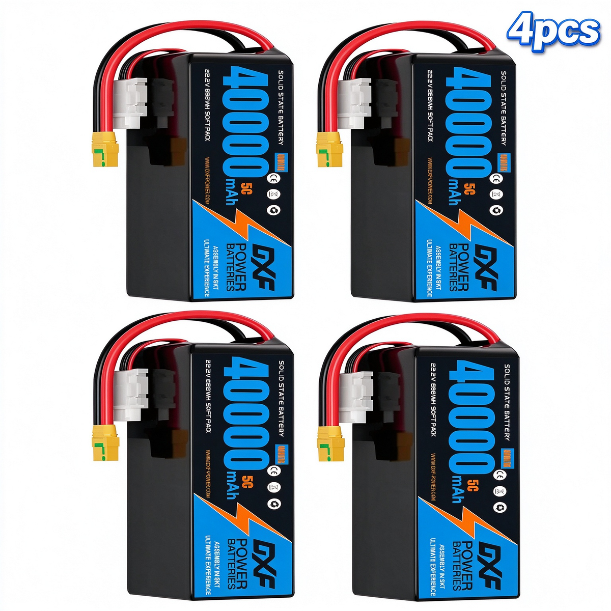 DXF SEMI-SOLID 6S 22.2V 40000mAh 5C Soft Case LiPo Battery with 8AWG Wire for Toy Cars, Boats, UAVs & Drones (1-6 Pack)