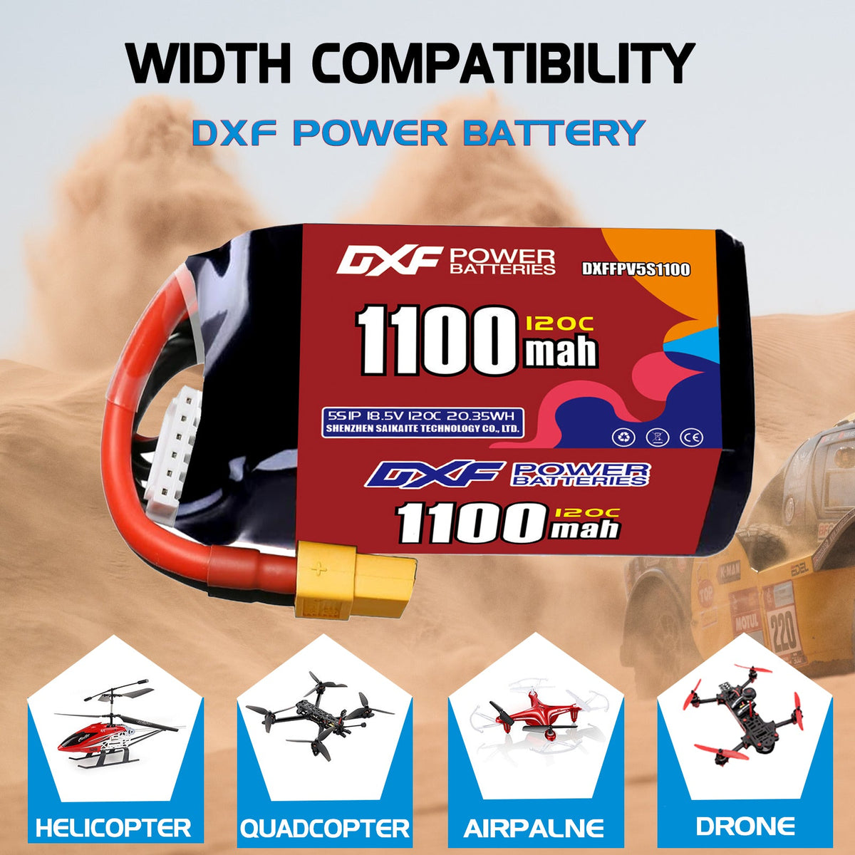 DXF 5S 18.5V 1100mAh 120C LiPo Battery for FPV Micro Drones (PH2.0 / JST / XT30 / SM / XT60 / EC5 / XT90 Options)