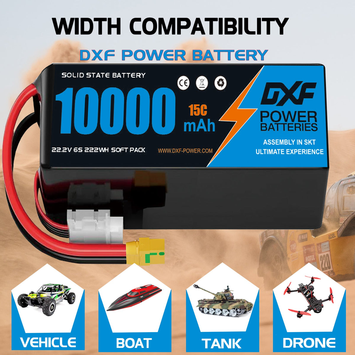 DXF 6S 22.2V 10000mAh 15C Soft Case LiPo Battery with 8AWG Wire for Toy Cars, Boats, UAVs & Drones (1-6 Pack)