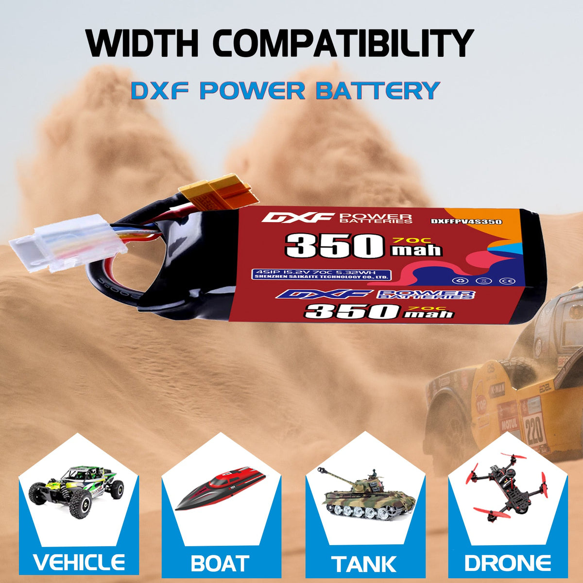 DXF LiPo Battery 4S HV 15.2V 350mAh 70C with PH2.0 / JST / XT30 / SM / XT60 / EC5 / XT90 for FPV Drone Whoop Micro Racing