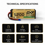 DXF GOLD Series 3S 11.1V 5200mAh 100C Graphene Hardcase LiPo Battery with EC5 Plug for 1/8 1/10 RC Car Truck (1-6 Pack)