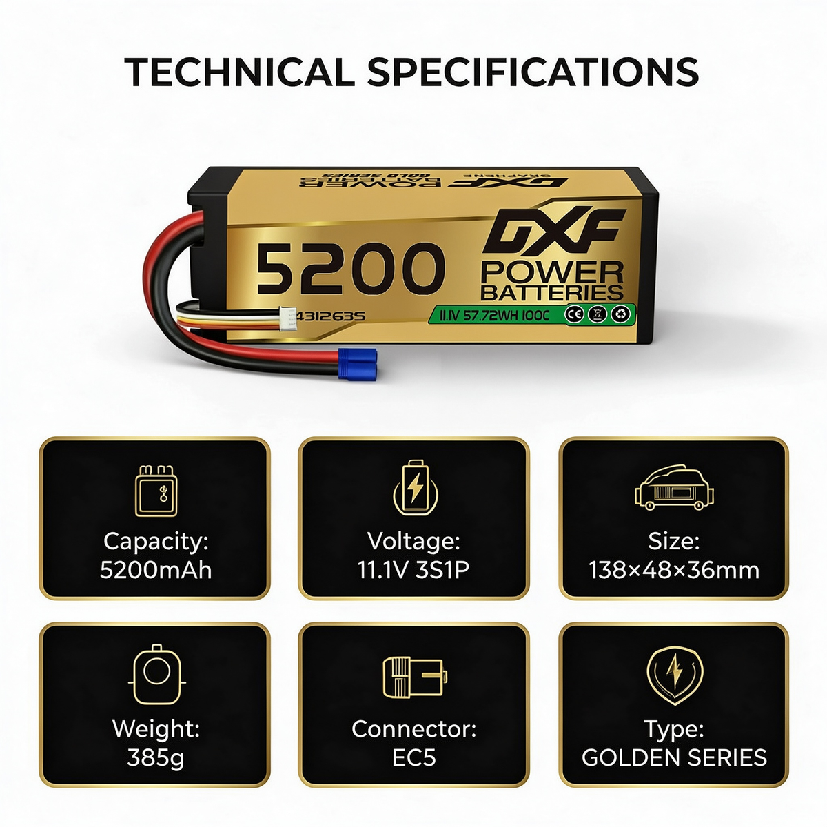 DXF GOLD Series 3S 11.1V 5200mAh 100C Graphene Hardcase LiPo Battery with EC5 Plug for 1/8 1/10 RC Car Truck (1-6 Pack)