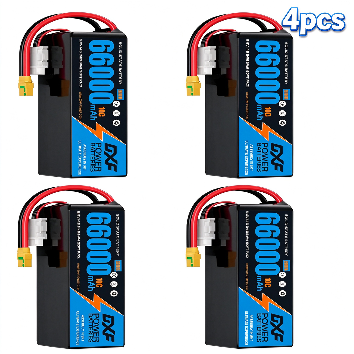 DXF SEMI-SOLID 14S 51.8V 66000mAh 10C Soft Case LiPo Battery with 8AWG Wire for Toy Cars, Boats, UAVs & Drones (1-6 Pack)