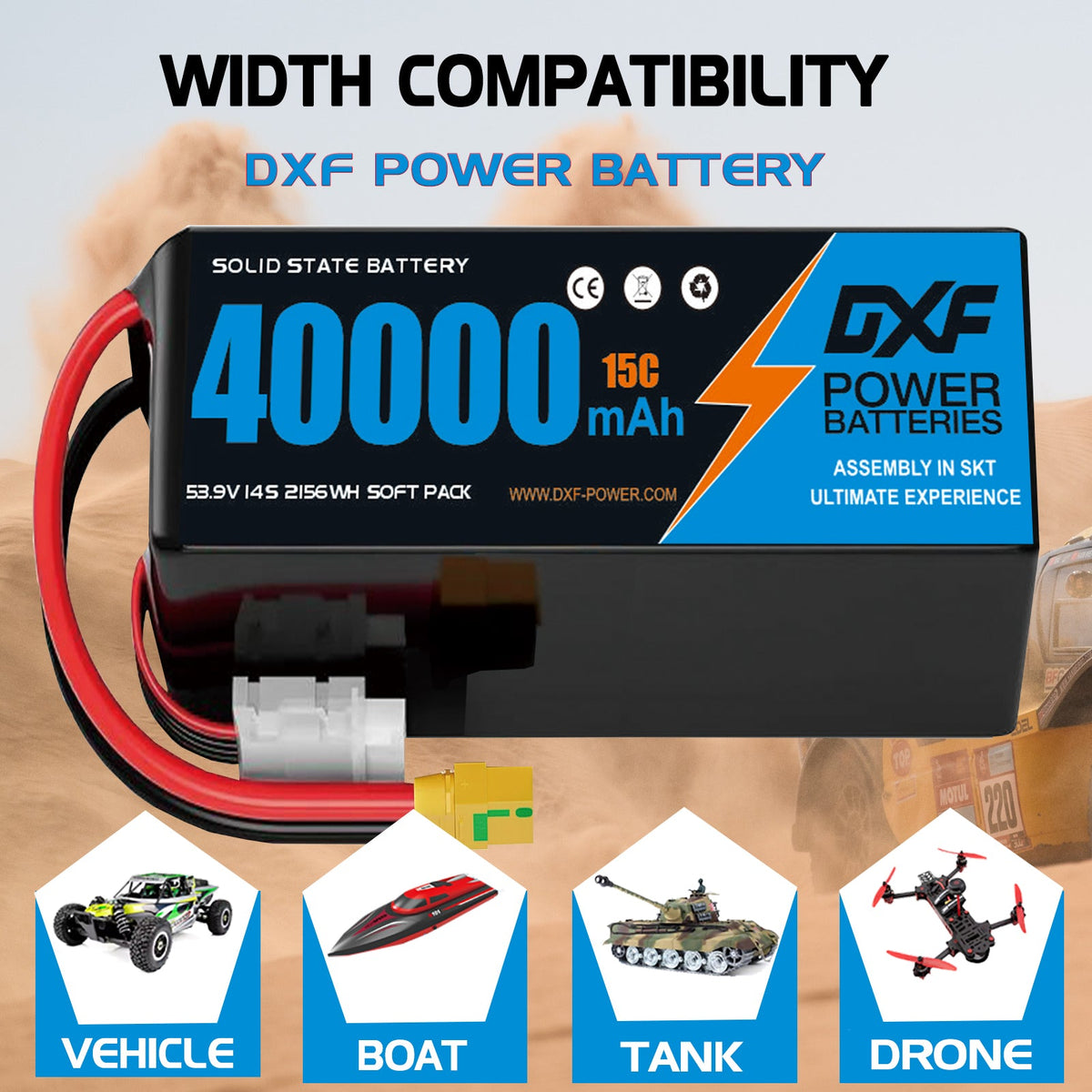 DXF SEMI-SOLID 14S 53.9V 40000mAh 15C Soft Case LiPo Battery with 8AWG Wire for Toy Cars, Boats, UAVs & Drones (1-6 Pack)