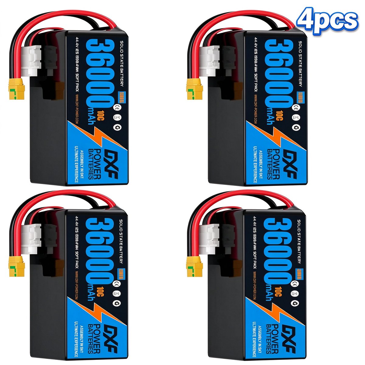 DXF SEMI-SOLID 12S 44.4V 36000mAh 10C Soft Case LiPo Battery with 8AWG Wire for Toy Cars, Boats, UAVs & Drones (1-6 Pack)