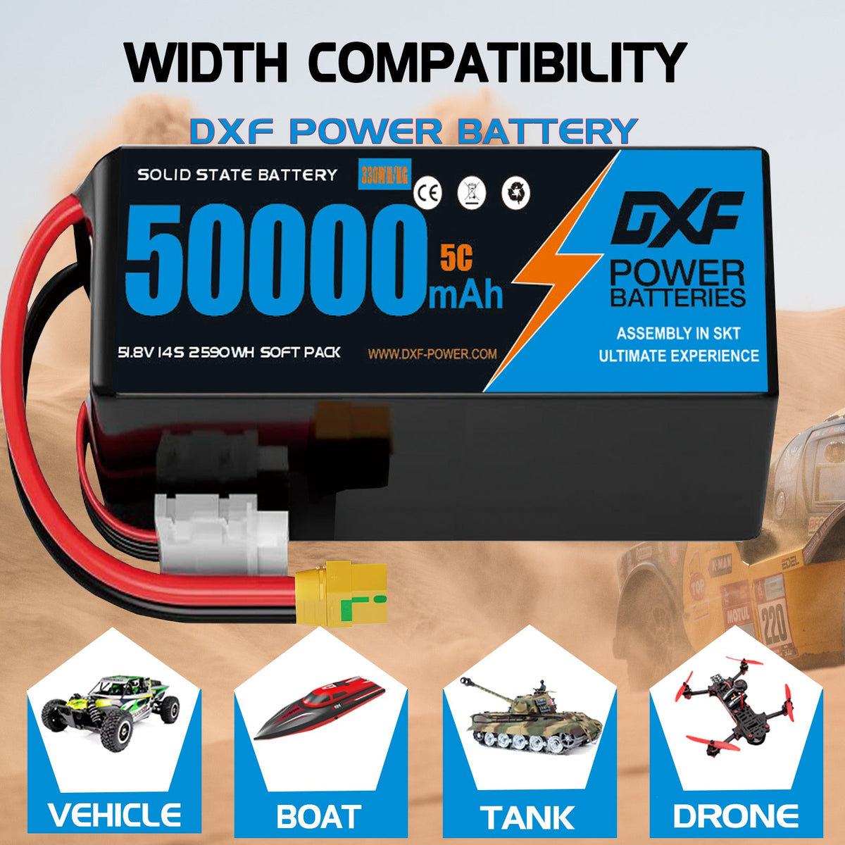 DXF SEMI-SOLID 14S 51.8V 50000mAh 5C Soft Case LiPo Battery with 8AWG Wire for Toy Cars, Boats, UAVs & Drones (1-6 Pack)