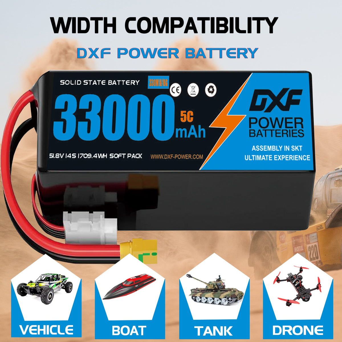 DXF SEMI-SOLID 14S 51.8V 33000mAh 5C Soft Case LiPo Battery with 8AWG Wire for Toy Cars, Boats, UAVs & Drones (1-6 Pack)