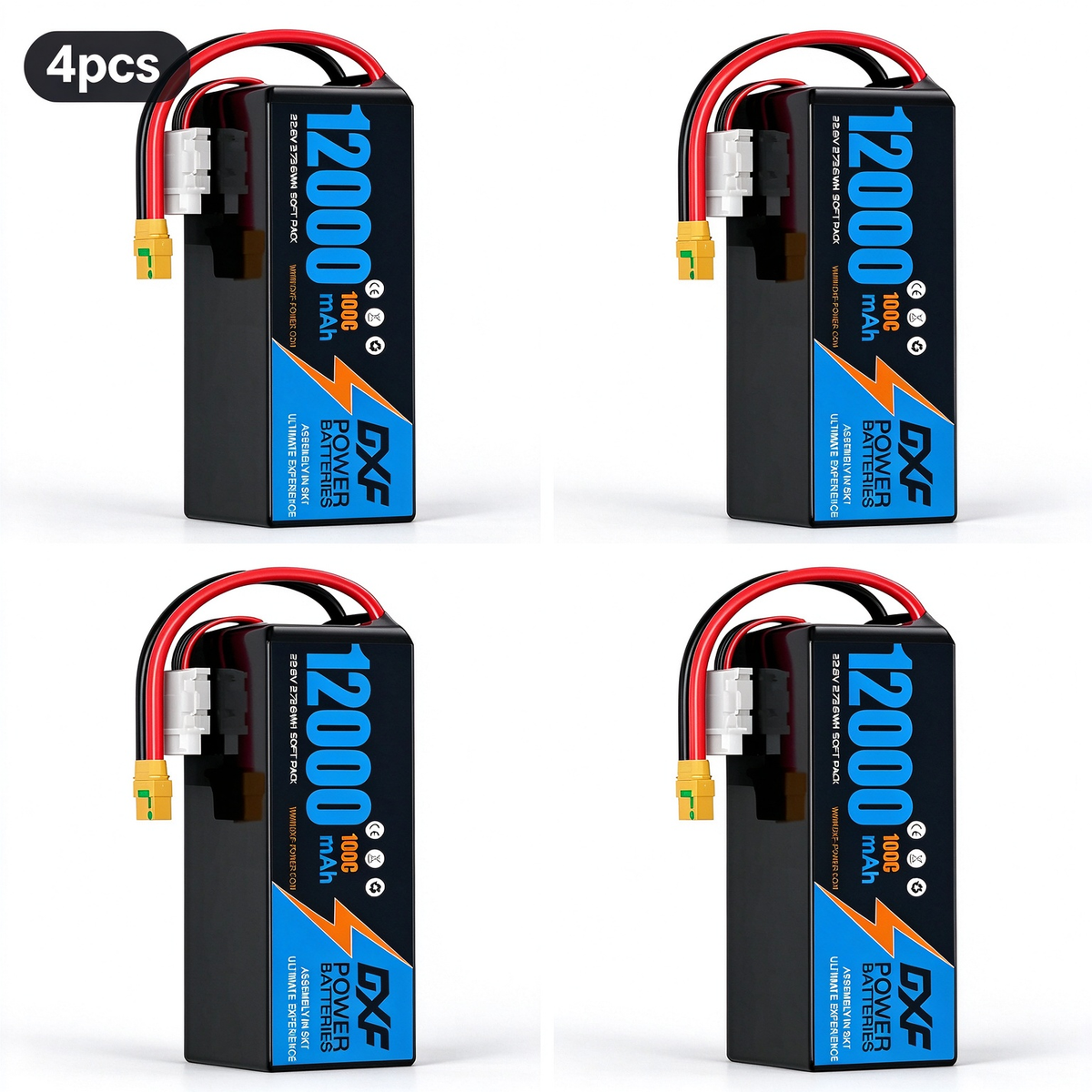 DXF 6S 22.8V 12000mAh 100C Soft Case LiPo Battery with 8AWG Wire for Toy Cars, Boats, UAVs & Drones (1-6 Pack)