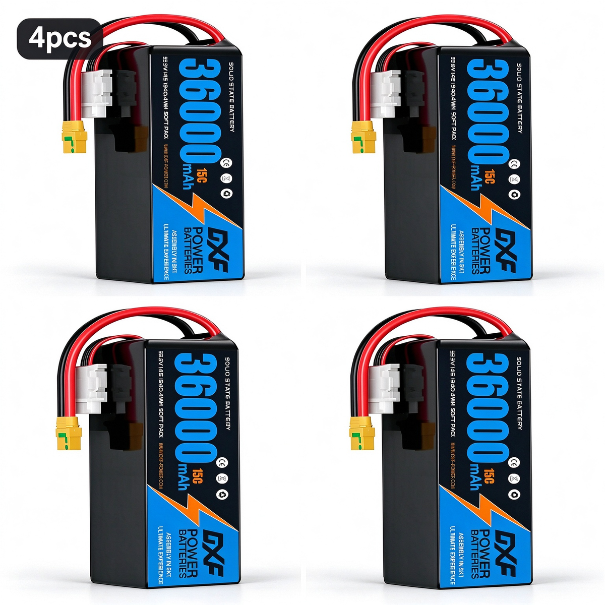 DXF SEMI-SOLID 14S 53.9V 36000mAh 15C Soft Case LiPo Battery with 8AWG Wire for Toy Cars, Boats, UAVs & Drones (1-6 Pack)