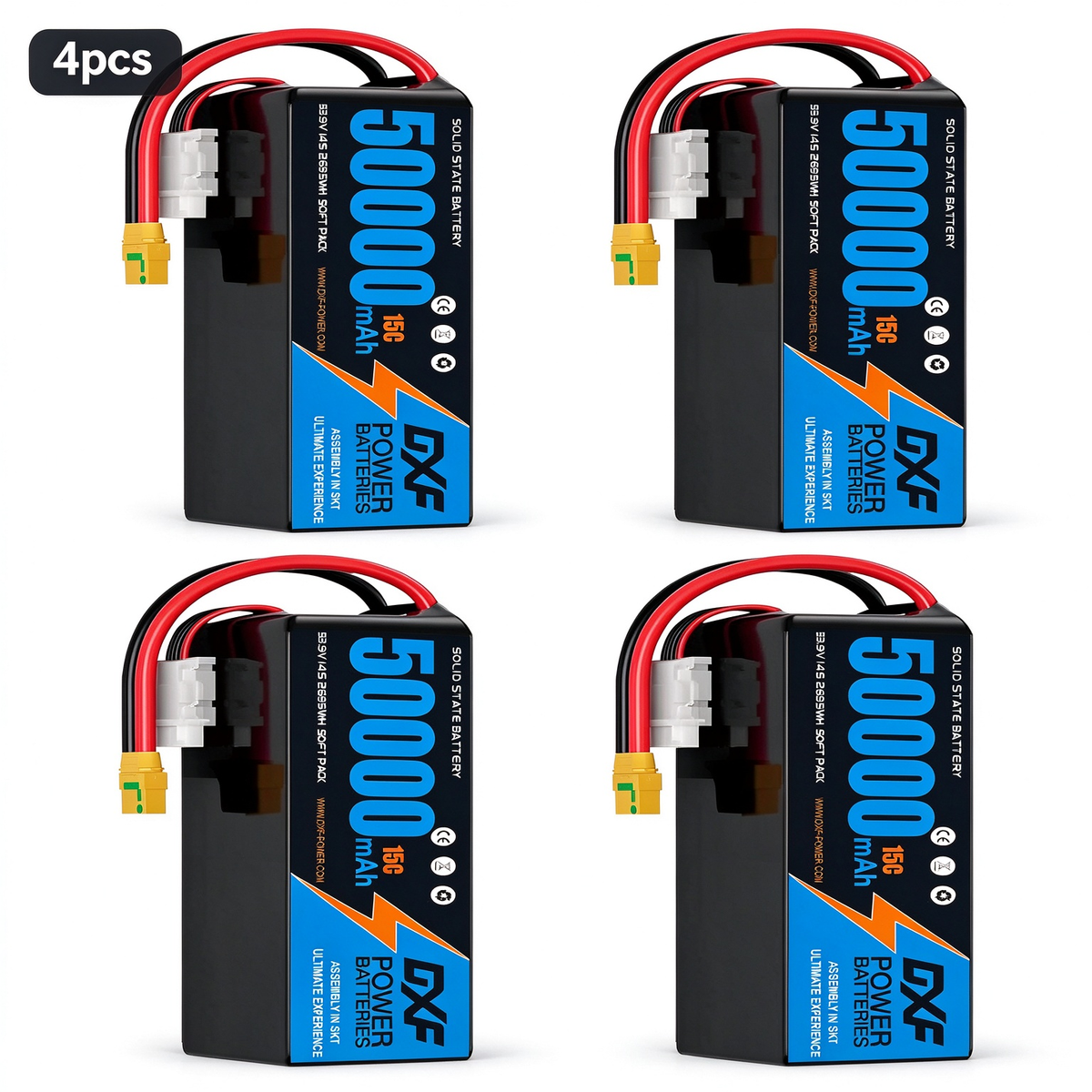 DXF SEMI-SOLID 14S 53.9V 50000mAh 15C Soft Case LiPo Battery with 8AWG Wire for Toy Cars, Boats, UAVs & Drones (1-6 Pack)