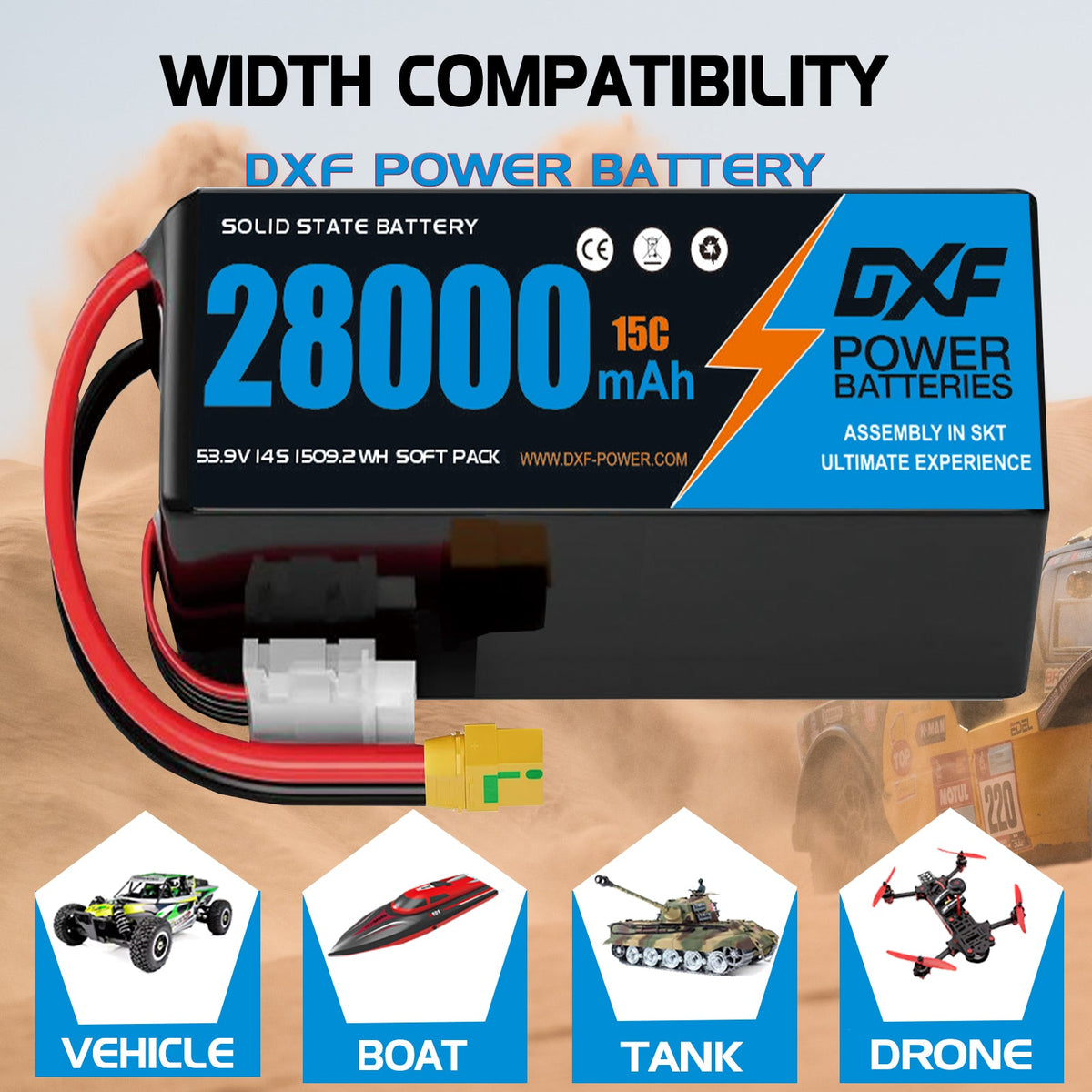 DXF SEMI-SOLID 14S 53.9V 28000mAh 15C Soft Case LiPo Battery with 8AWG Wire for Toy Cars, Boats, UAVs & Drones (1-6 Pack)