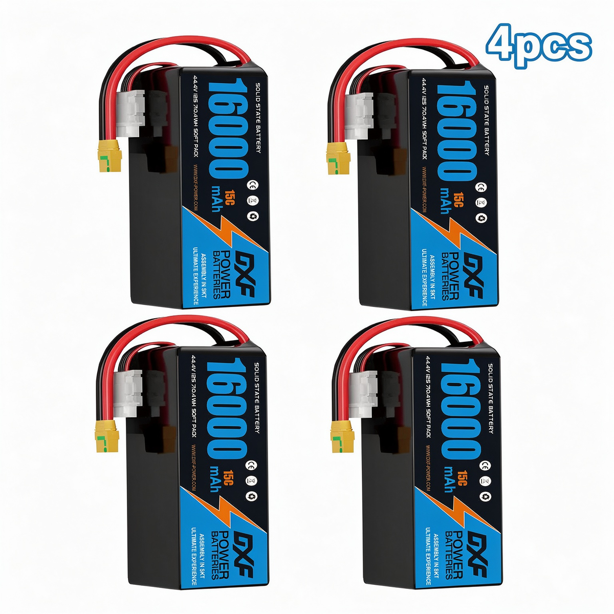 DXF SEMI-SOLID 12S 44.4V 16000mAh 15C Soft Case LiPo Battery with 8AWG Wire for Toy Cars, Boats, UAVs & Drones (1-6 Pack)