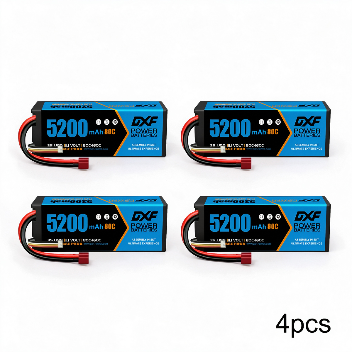 DXF BLUE Series 3S 11.1V 5200mAh 80C Hardcase LiPo with Deans/T-Plug & 10AWG Wire for Toy Cars, Boats, Aircraft & FPV Drones (1-6 Pack)
