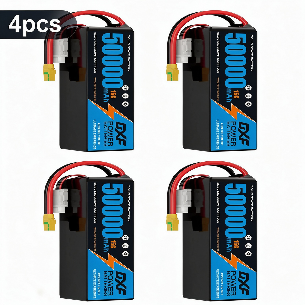 DXF SEMI-SOLID 12S 46.2V 50000mAh 15C Soft Case LiPo Battery with 8AWG Wire for Toy Cars, Boats, UAVs & Drones (1-6 Pack)