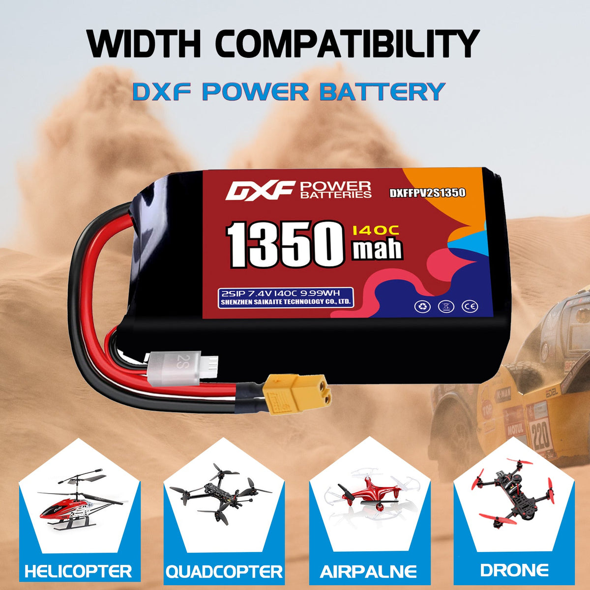 DXF 2S 7.4V 1350mAh 140C LiPo Battery for FPV Micro Drones (PH2.0 / JST / XT30 / SM / XT60 / EC5 / XT90 Options)
