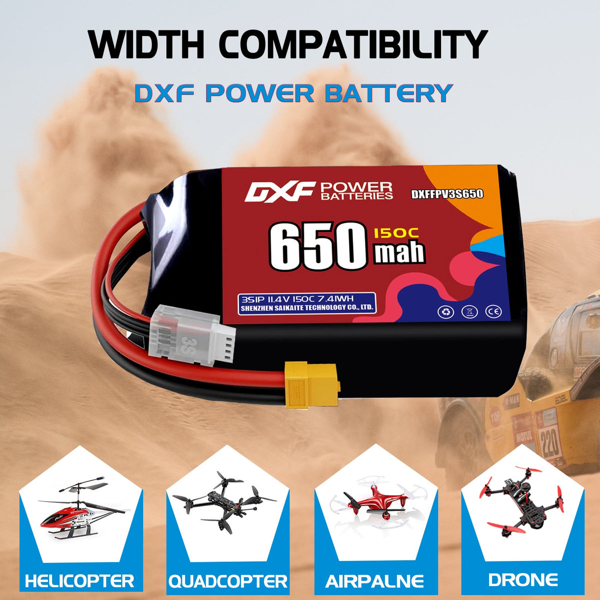DXF 3S 11.4V 650mAh 150C LiPo Battery for FPV Micro Drones (PH2.0 / JST / XT30 / SM / XT60 / EC5 / XT90 Options)