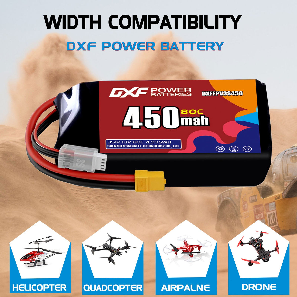 DXF 3S 11.1V 450mAh 80C LiPo Battery for FPV Micro Drones (PH2.0 / JST / XT30 / SM / XT60 / EC5 / XT90 Options)
