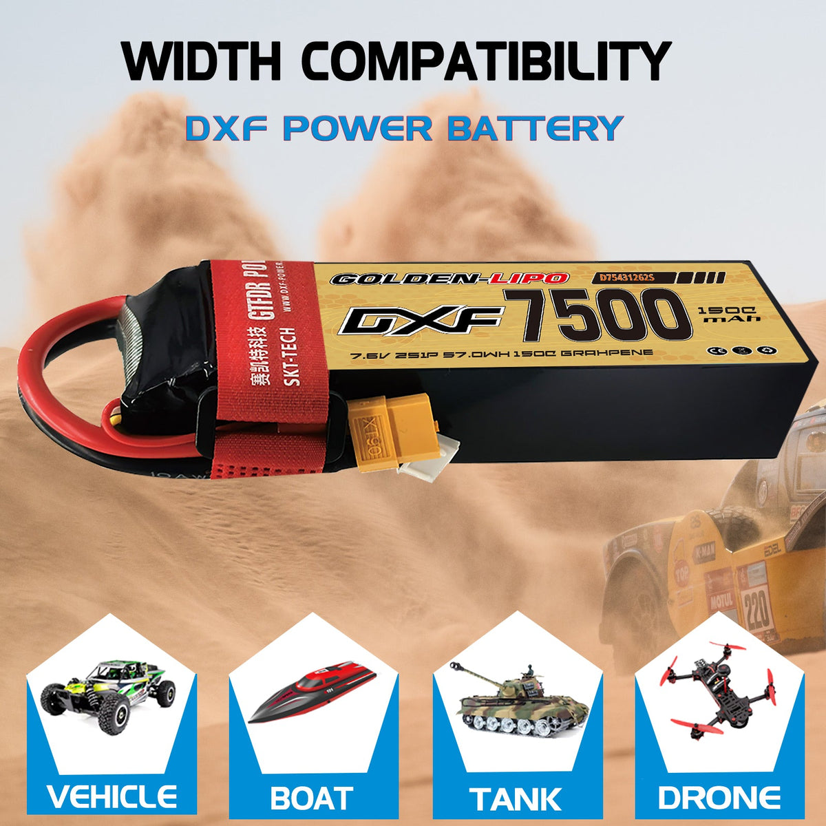 DXF Lipo Battery 2S HV 7.6V 7500mAh 150C GoldSeries Graphene Softcase with EC5 / T / TRX / XT60 / XT90 / XT150 / Q8s Plug for RC 1/8 1/10 Buggy Truck Car Off-Road Drone