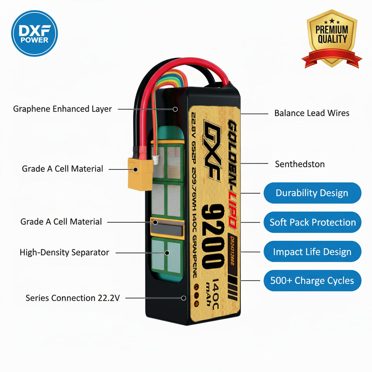 DXF Lipo Battery 6S HV 22.8V 9200mAh 140C GoldSeries Graphene Softcase with EC5 / T / TRX / XT60 / XT90 / XT150 / Q8s Plug for RC 1/8 1/10 Buggy Truck Car Off-Road Drone