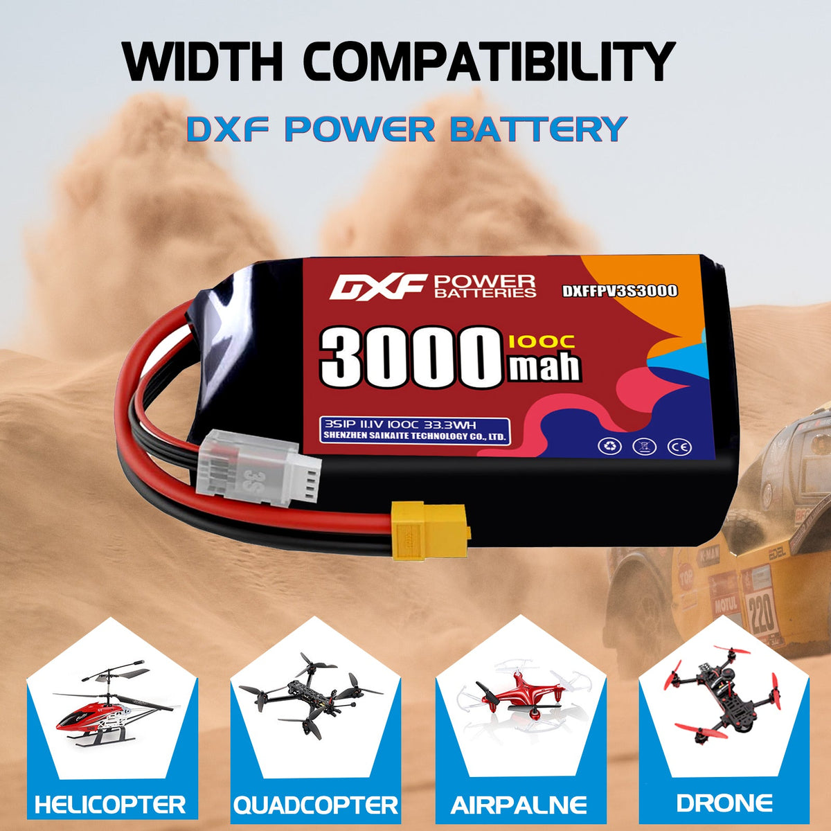 DXF 3S 11.1V 3000mAh 100C LiPo Battery for FPV Micro Drones (PH2.0 / JST / XT30 / SM / XT60 / EC5 / XT90 Options)