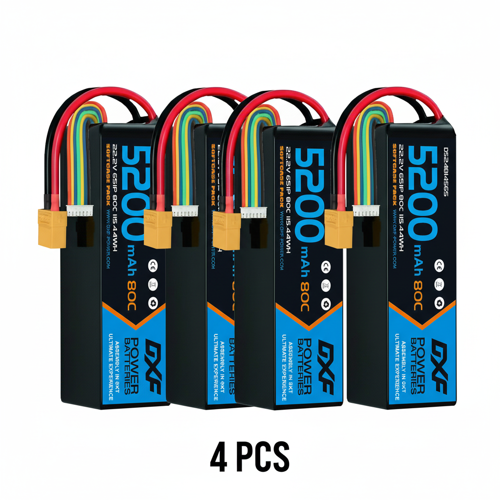 DXF 6S 22.2V 5200mAh 80C Softcase LiPo Battery with XT90 & 10AWG Wire for 1/8 RC Cars (1-6 Pack)