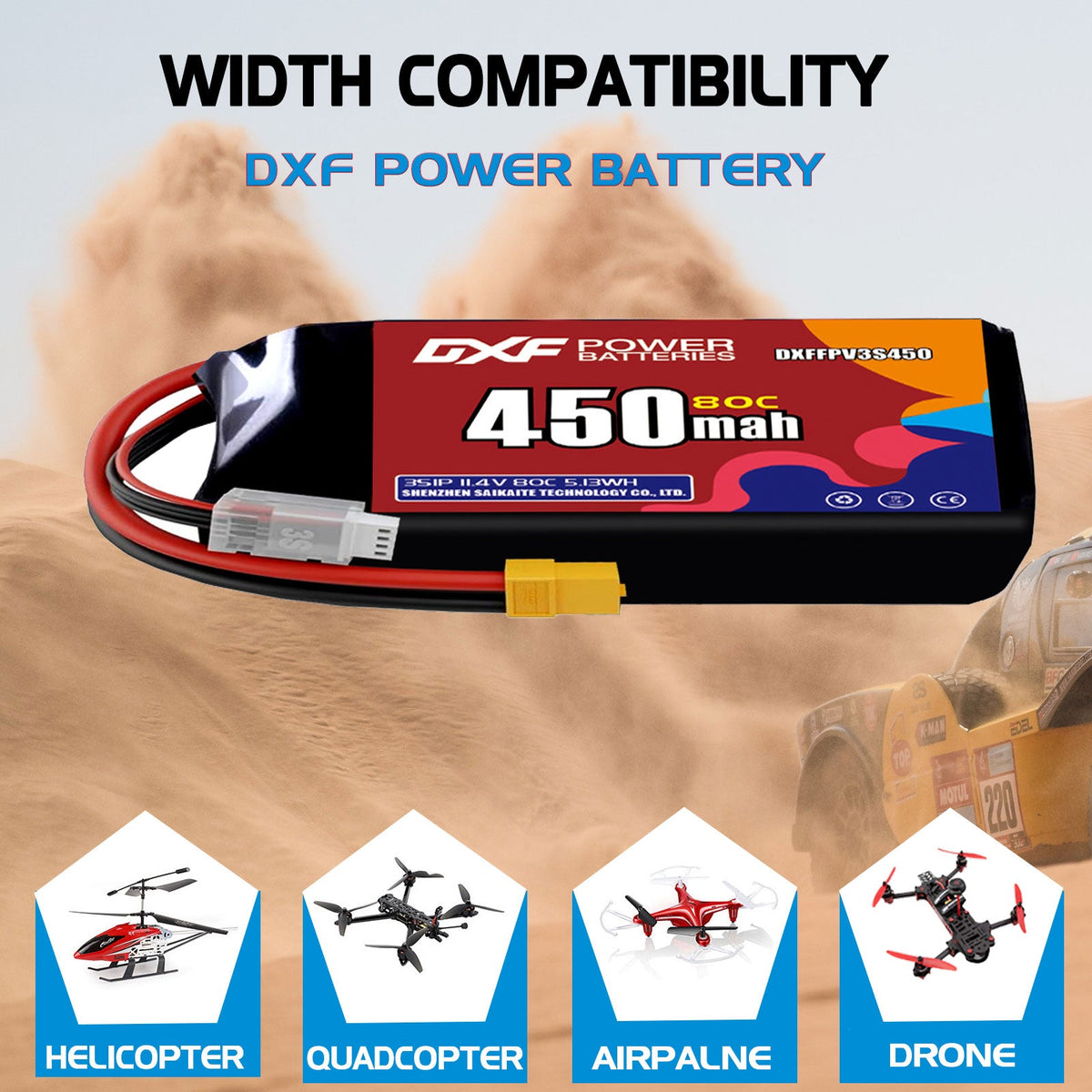DXF LiPo Battery 3S HV 11.4V 450mAh 80C with PH2.0 / JST / XT30 / SM / XT60 / EC5 / XT90 for FPV Drone Whoop Micro Racing