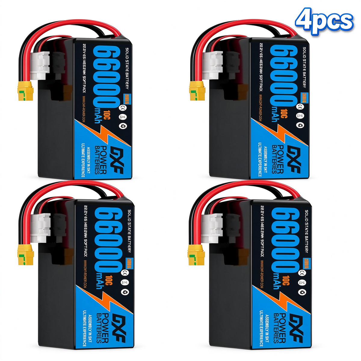 DXF 6S 22.2V 66000mAh 10C Soft Case LiPo Battery with 8AWG Wire for Toy Cars, Boats, UAVs & Drones (1-6 Pack)