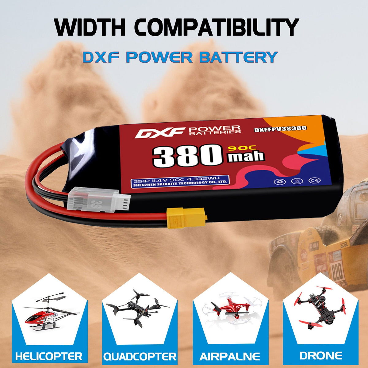 DXF 3S 11.4V 380mAh 90C LiPo Battery for FPV Micro Drones (PH2.0 / JST / XT30 / SM / XT60 / EC5 / XT90 Options)