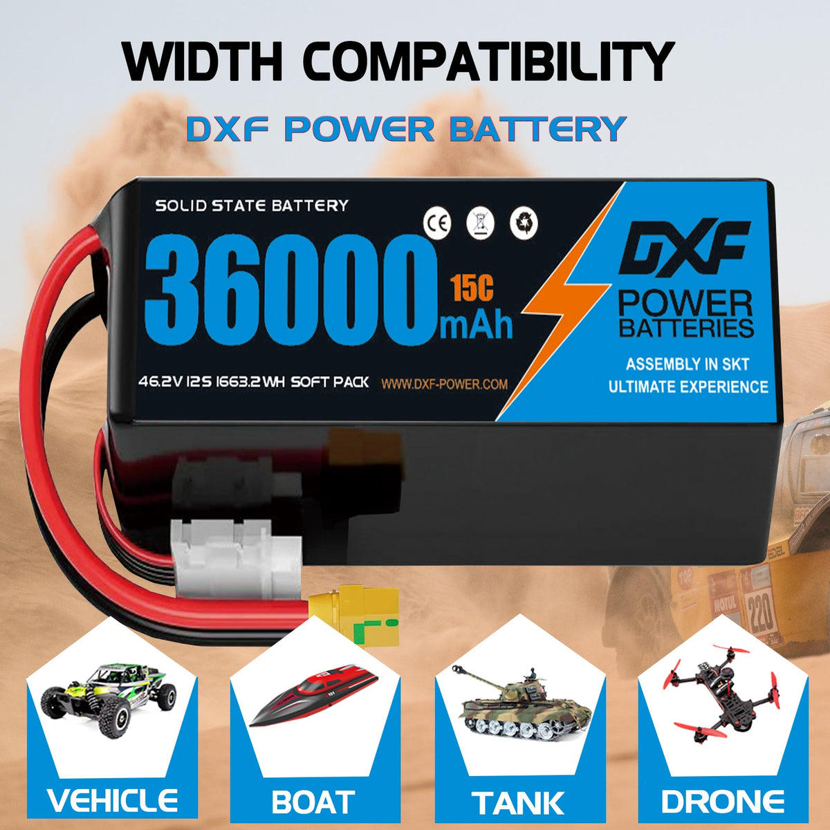 DXF SEMI-SOLID 12S 46.2V 36000mAh 15C Soft Case LiPo Battery with 8AWG Wire for Toy Cars, Boats, UAVs & Drones (1-6 Pack)