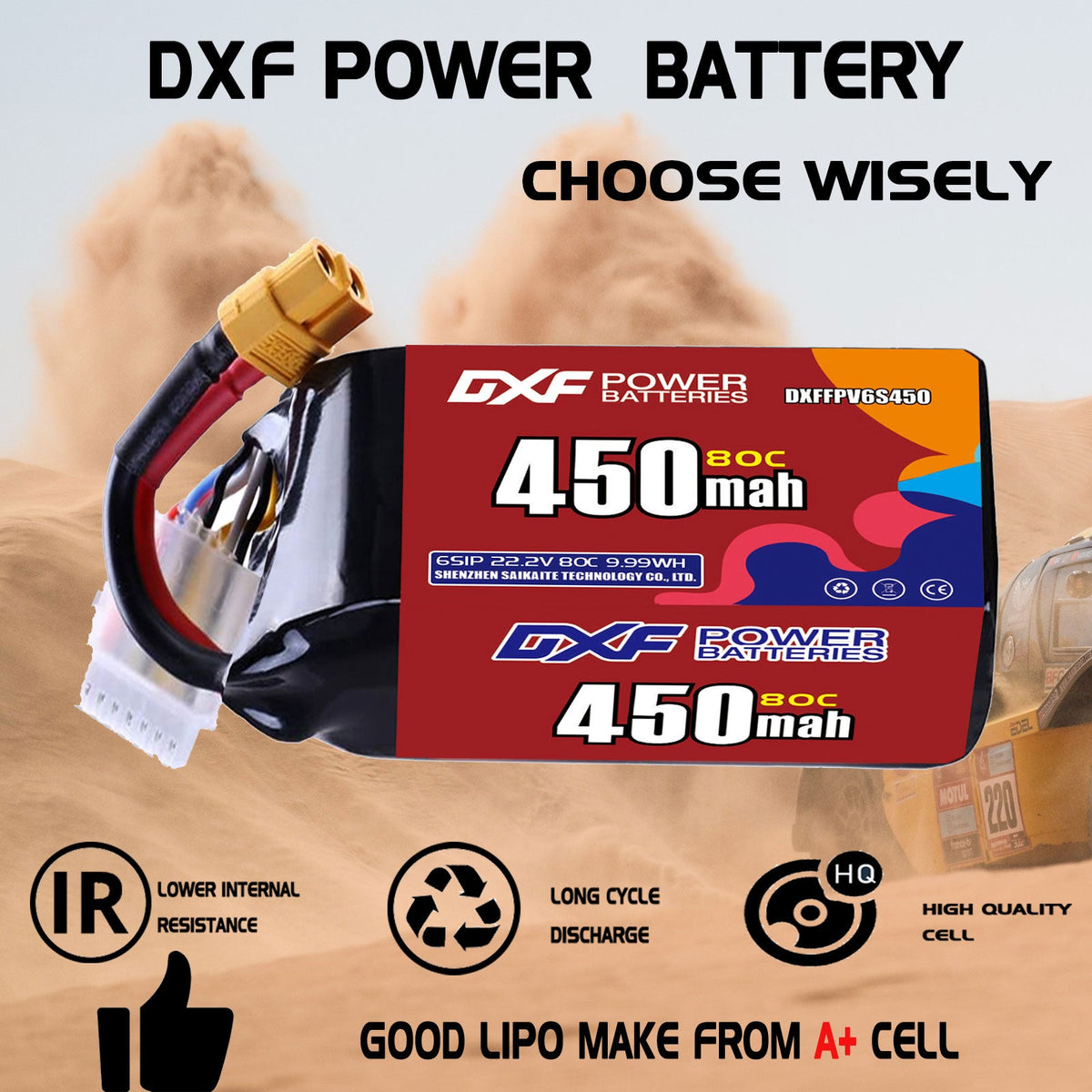 DXF LiPo Battery 6S 22.2V 450mAh 80C  PH2.0 / JST / XT30 / SM / XT60 / EC5 / XT90 for FPV Drone Whoop Micro Racing
