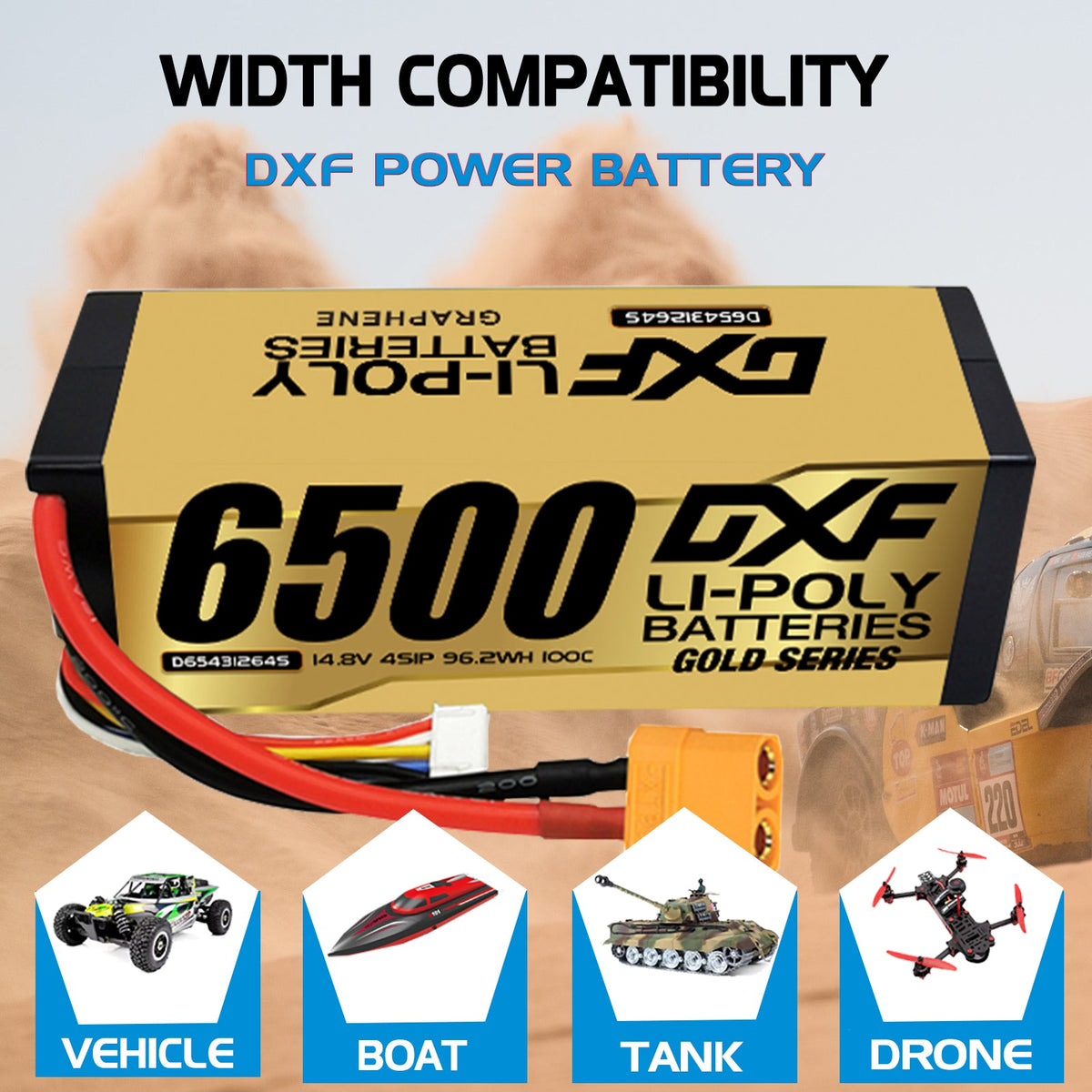 DXF LiPo Battery 4S 14.8V 6500mAh 100C Graphene Hardcase Gold with EC5 / T / TRX / XT60 / XT90 / XT150 / Q8s Plug for RC 1/8 1/10 Buggy Truck Car Off-Road Drone