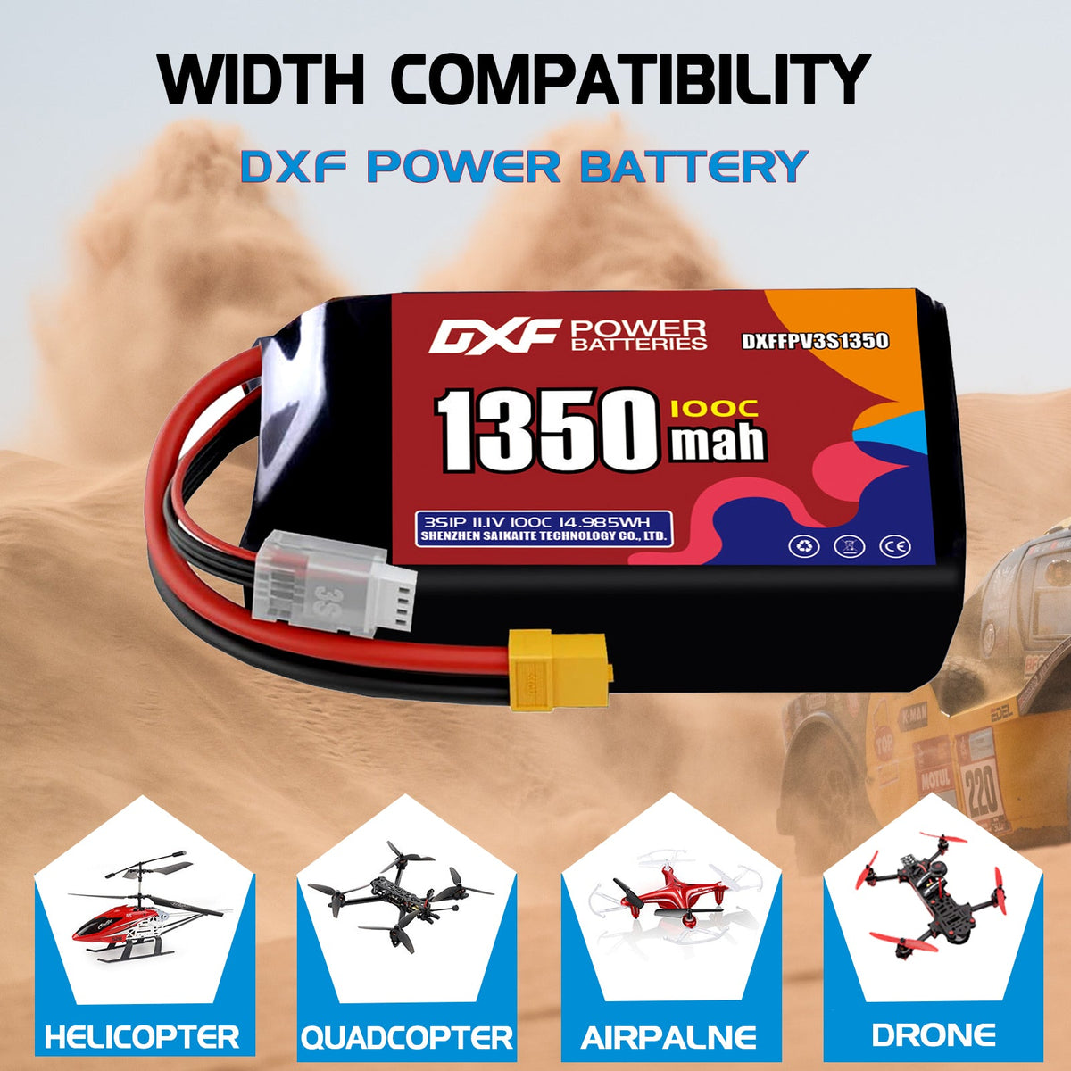 DXF 3S 11.1V 1350mAh 100C LiPo Battery for FPV Micro Drones (PH2.0 / JST / XT30 / SM / XT60 / EC5 / XT90 Options)