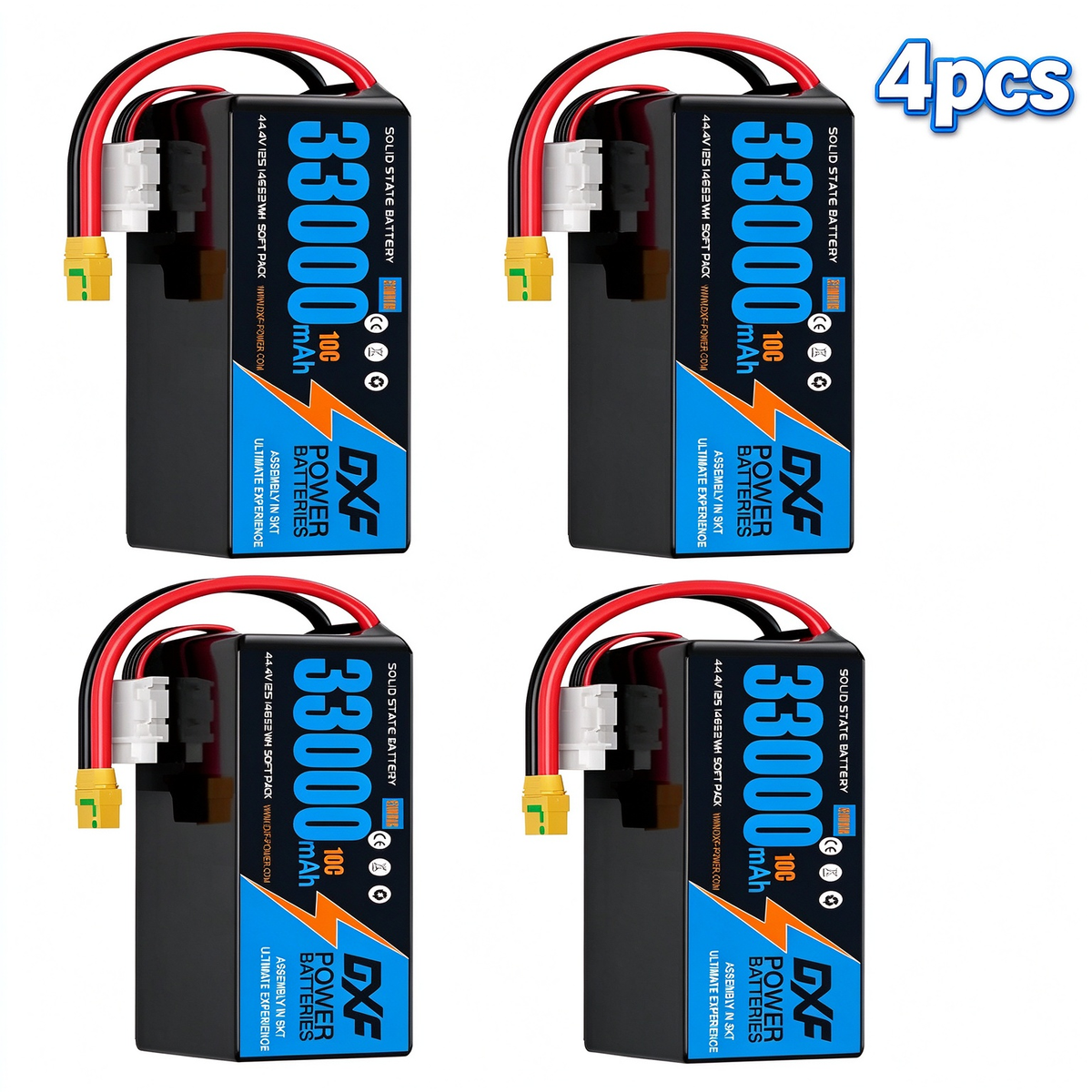 DXF SEMI-SOLID 12S 44.4V 33000mAh 10C Soft Case LiPo Battery with 8AWG Wire for Toy Cars, Boats, UAVs & Drones (1-6 Pack)