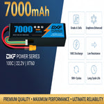 DXF 6S 22.2V 7000mAh 100C Softcase LiPo Battery with XT60 & 10AWG Wire for 1/8 RC Cars (1-6 Pack)