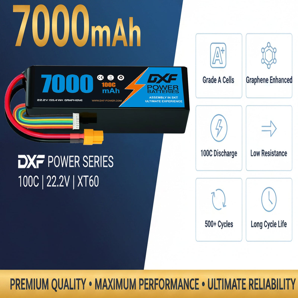 DXF 6S 22.2V 7000mAh 100C Softcase LiPo Battery with XT60 & 10AWG Wire for 1/8 RC Cars (1-6 Pack)