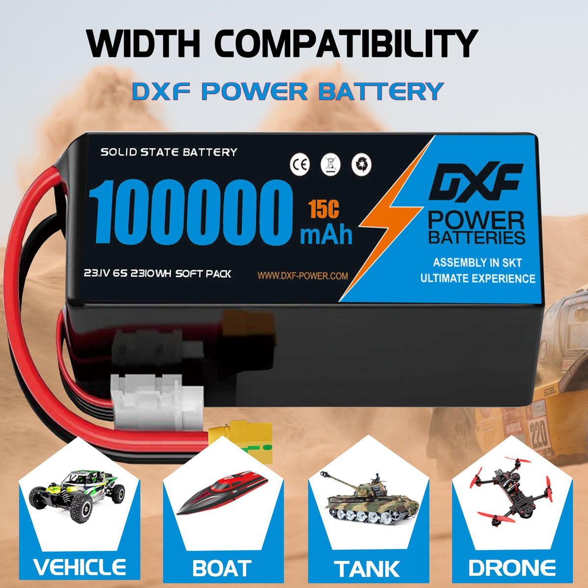 DXF 6S 23.1V 100000mAh 15C Soft Case LiHV Battery with 8AWG Wire for Toy Cars, Boats, UAVs & Drones (1-6 Pack)